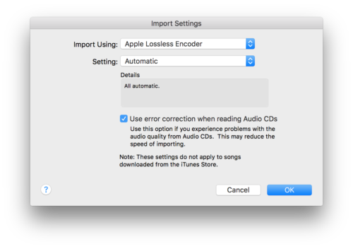 iTunes import settings dialog box