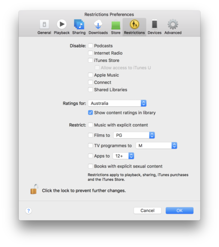 iTunes preferences for restrictions